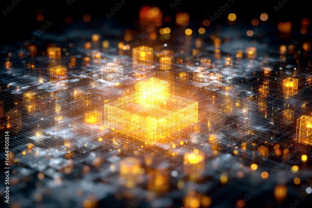 Poster x-default abstract digital cityscape: glowing cubes and grid network