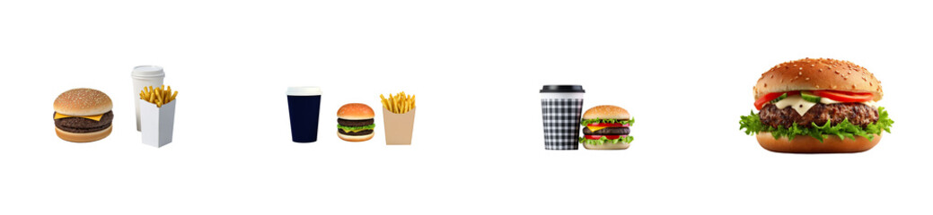 Assortment of Burgers and Drinks on a Black Background, cut out transparent