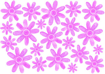 Set of stylized flowers. Consist of simple shape. Circle inside and rounded petals around. Different shades of pink. Watercolor. Have a texture. Different sizes. Chaotically placed on white background