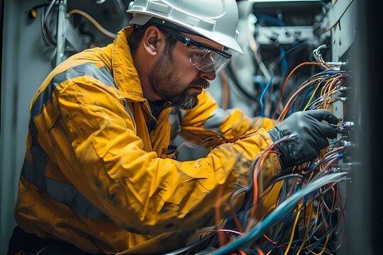Electrician with Yellow Jacket connecting wires in distribution board