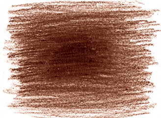 Horizontal strokes of brown on white background. Texture of wax crayons, chalk. In center of background there is dark spot that becomes lighter towards the edges. Gradient. Different shades of brown.