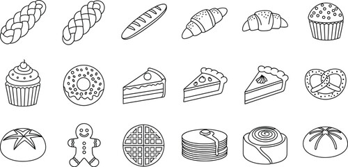 A delightful collection of bakery items, including bread, pastries, cakes, and more, all depicted in a charming line art style