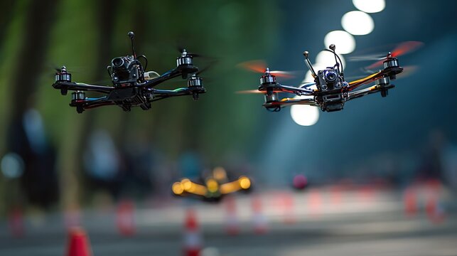  Drone race FPV drones flying through obstacles