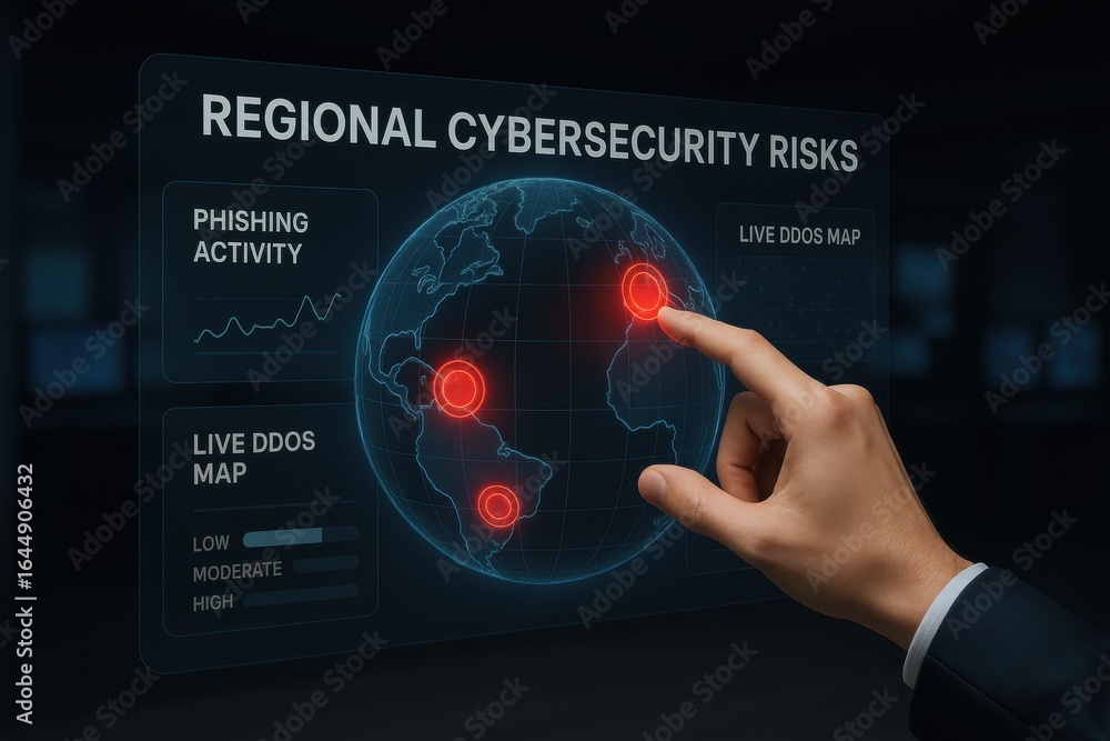 Aufkleber regional cybersecurity risk interface with phishing activity graph and live ddos map