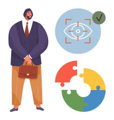 Businessman in formal attire holds a briefcase. Displays include an eye focus target and a colorful puzzle. Ideal for leadership, vision, problem-solving, strategy, planning, management teamwork. A