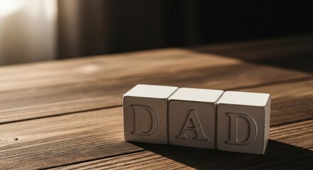 Wooden blocks spelling "DAD" on a brown wood surface in diffused light