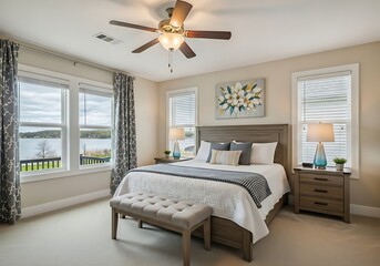 Modern waterfront bedroom with comfortable king bed, serene lake view, and stylish contemporary decor. Ideal for real estate, home staging, or vacation rental visuals.