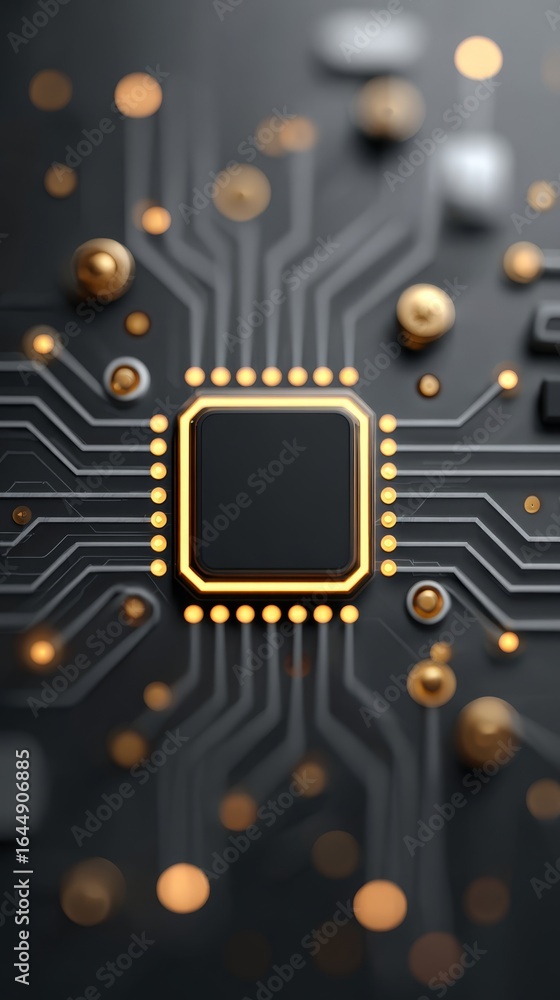 Poster detailed macro photography of a complex electronic circuit board showcasing a prominent gold plated 