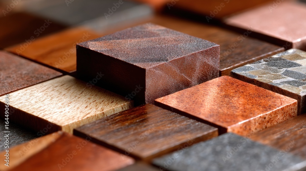 Aufkleber wood and stone square samples arranged in rows with focus on one raised cube