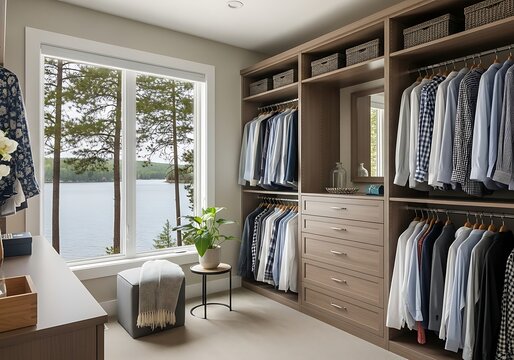 Luxurious walk-in closet with custom wooden cabinetry, organized clothes & lake view. Modern home interior design, spacious & bright, serene.