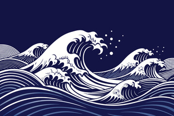 Japanese wave illustration representing powerful ocean movement in navy blue and white stylized artistic design