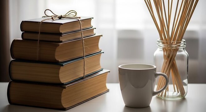 Stack of old books tied with twine next to a white mug and a jar of sticks creating a cozy and warm atmosphere