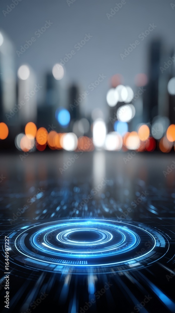 Poster abstract digital technology background featuring a futuristic city with glowing lights and dynamic d