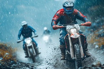 Extreme enduro riders enjoying the sport in full gear, racing through sand and splash. Off-road passion with speed, skill, and team energy.	