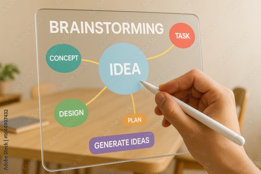 Poster digital brainstorming interface with mind map of ideas, tasks, concepts and design flow