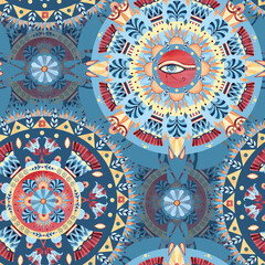 Oriental Arab round ornament seamless pattern. Eye of Horus, abstract sacred Lotus, ancient ethnic tribal style. Watercolor illustration isolated on blue background for textile, packaging, souvenirs