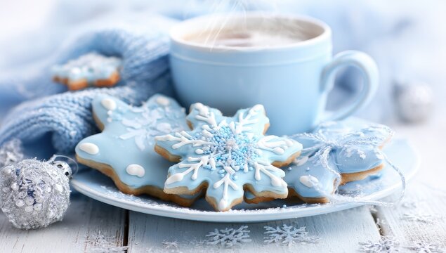 Blue frosted snowflake cookies with steaming hot coffee, winter scene - Powered by Adobe