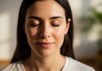 Young woman with eyes closed in peaceful meditation or relaxation