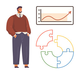 Businessman with hands in pockets, chart with upward trend, segmented circular puzzle. Ideal for leadership, analysis, strategy, brainstorming, progress teamwork problem-solving. Simple flat