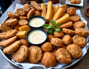 an appetizing assortment of snack foods arranged on a dining table, ready to be enjoyed