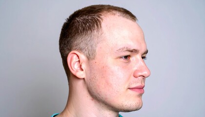 Fototapeta premium Profile of a young man with short brown hair and skin imperfections against a gray background.