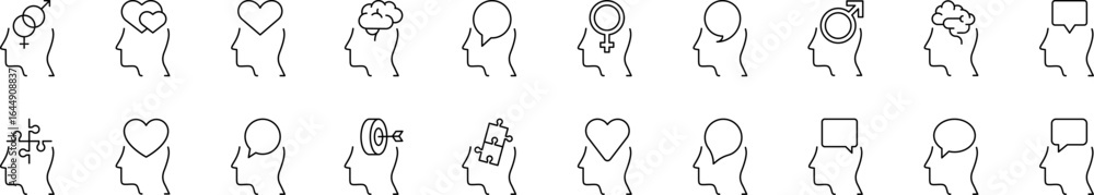 Poster set of line icons of brain and mental health. minimalistic linear pictogram for web and graphic desi