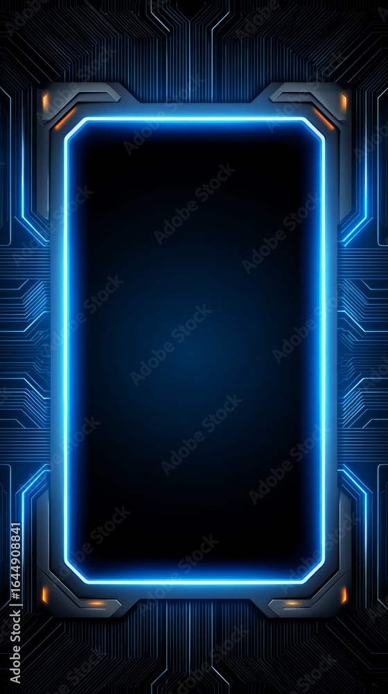 Poster futuristic technology concept featuring a glowing blue neon rectangular frame over a complex digital