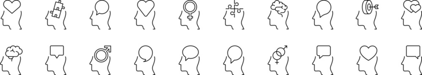 Collection of Line Icons of Brain and Mental Health. Minimalistic Linear Pictogram for Web and Graphic Design, Apps, Banners, Social Network and Cards