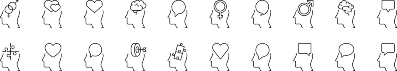Set of Line Icons of Brain and Mental Health. Minimalistic Linear Pictogram for Web and Graphic Design, Apps, Banners, Social Network and Cards