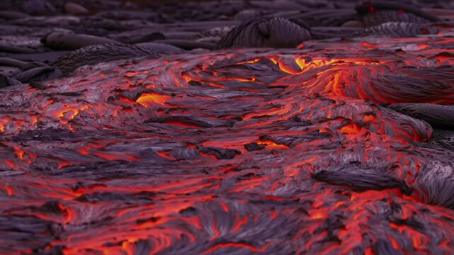 Vivid Magma Flow: Bright Molten Lava River Over Black Volcanic Rock, Loop-Ready