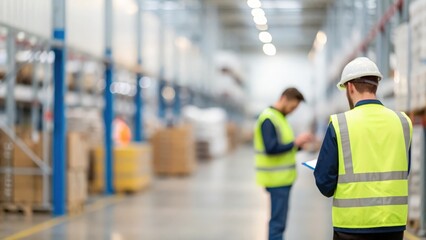 Two warehouse workers in reflective vests inspecting inventory — teamwork in modern industrial factory
