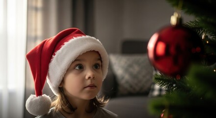 Young child with Santa hat looks at Christmas ornament on tree