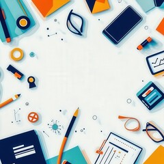 Isolated flat lay composition of abstract business decor featuring stylized icons arranged in a neat modern vector composition with ample negative space