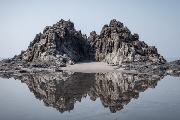 Tranquil Coastal Scene with Rocky Outcrop and Reflection in Water