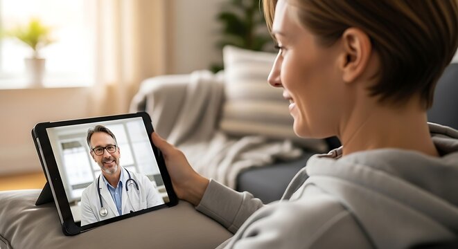 Woman having a telehealth consultation with a doctor on a tablet