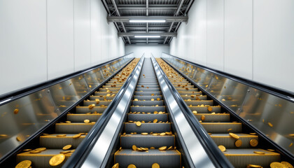 A unique perspective of an escalator filled with coins, representing financial success and wealth.