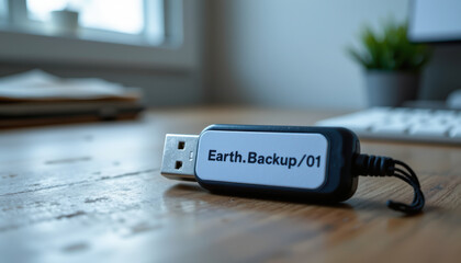A USB flash drive labeled Earth.Backup/01 on a wooden desk, representing data storage and digital backup solutions.