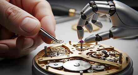 Human and robotic hands collaborate on intricate watch mechanism repair