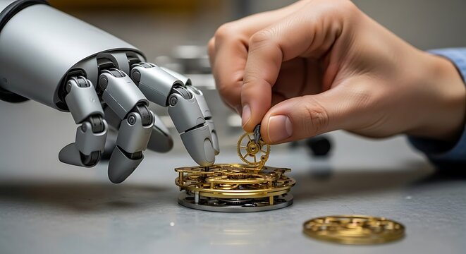 Human hand and robotic arm working together on intricate mechanical gears