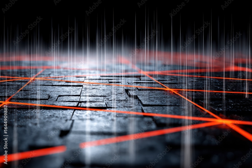 Poster x-default abstract dark stone surface with glowing red lines and digital rain