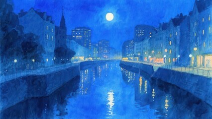 Moonlit canal with city lights reflected in water, abstract watercolor style, cool blue tones, impressionistic urban night scene