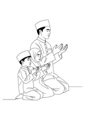 A Muslim family, a father and two children, kneeling and praying.