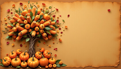 A vibrant autumn scene featuring a tree made of pumpkins, surrounded by leaves and a warm backdrop.
