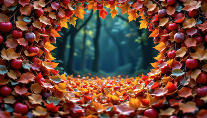 A vibrant autumn scene framed with colorful leaves and apples, showcasing nature's beauty in changing seasons.