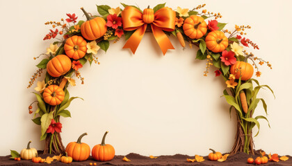 A vibrant autumn wreath featuring pumpkins, colorful flowers, and a decorative bow, perfect for seasonal decor.