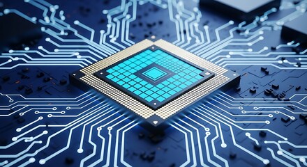 Closeup of a glowing blue computer processor chip on a circuit board