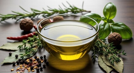 A glass bowl of oil surrounded by herbs, spices, and nuts on a wood surface