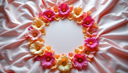 A vibrant circular arrangement of colorful flowers on soft satin fabric, perfect for decorations or backgrounds.