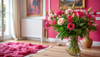 A vibrant bouquet of pink and white flowers in a glass vase, enhancing the decor of a stylish interior space.