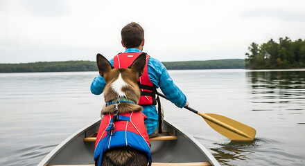 Man and his dog enjoy a peaceful canoe ride on a calm lake day
